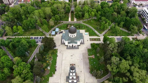 Overhead aerial drone view of the Nativity Cathedral, its separate bell tower Stock Footage 344928893