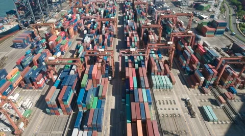 Overhead aerial footage industrial complex container harbor Hong Kong Stock Footage