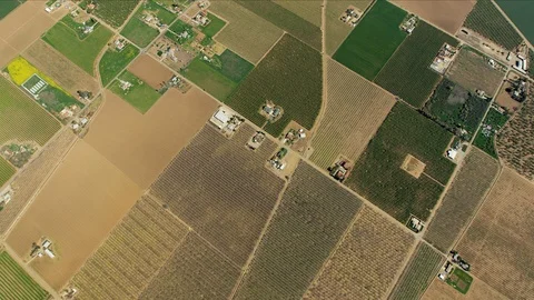 Overhead aerial of patchwork crops fields Central Valley Video stock 91545905