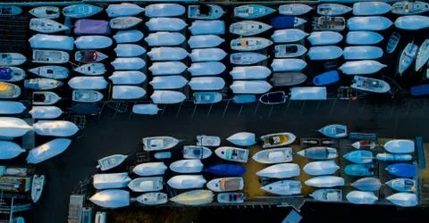 Overhead Aerial Photo of Boats in for the Winter Stock Photos