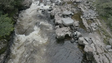 Overhead aerial pushing back up a section of the Magdalena river in Colombia Video stock 104674901