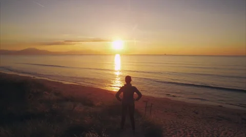 Overhead aerial video of woman standing at beach during sunset Stock Footage 59076079