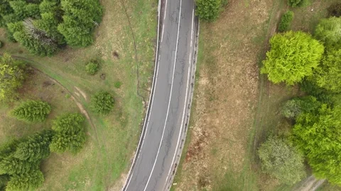 Overhead Aerial View of a Curving Road Through Green Woodland Stock Footage 345576436