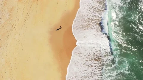 Overhead Aerial View Of a man walking alone on empty beach Stock Footage 138999727