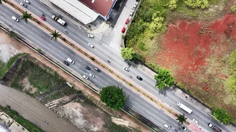 Overhead Aerial View of Multi-Lane Urban Road with Traffic Stock Footage 344477706