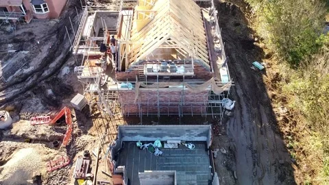 Overhead aerial view of new build houses. Video stock 340370744