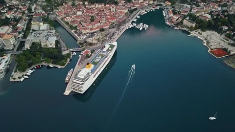 Overhead aerial view of rooftops and streets in historic old town of Kotor and Stock Footage 114314752