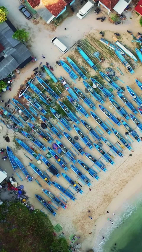 Overhead aerial view shows orderly rows of blue fishing boats arranged acro.. Video stock 341548294
