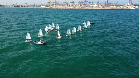 Overhead aerial view of training with optimist near the Marina Valencia, Spain. Stock Footage 144538343