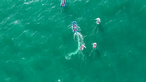 Overhead aerial view of training with optimist near the Marina Valencia, Spain. Stock Footage 144545188