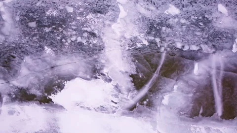 Overhead aerial view of winter ice scattered across the surface waters of the Stock Footage 337974912