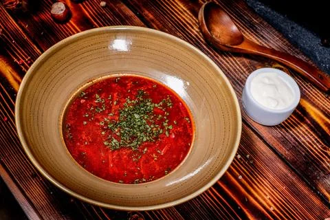 Overhead Borscht with Spoon, Rustic Style Stock Photos