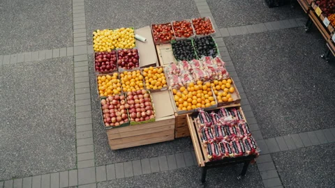 Overhead of boxes of fruit in a market Stock Footage 221790602