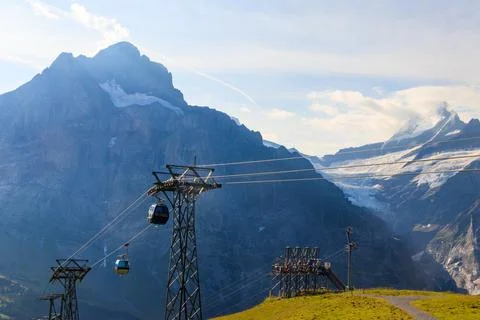 Overhead cable car to First mountain, Grindelwald, Switzerland Stock Photos