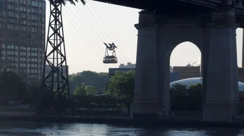 Overhead cable car moving by a Brooklyn Bridge, New York City, USA Stock Footage 61132610