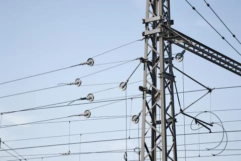 Overhead cables of a railroad Stock Photos