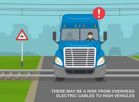 Overhead cables sign area. Front view of a truck get caught on the power lines. Stock Illustration