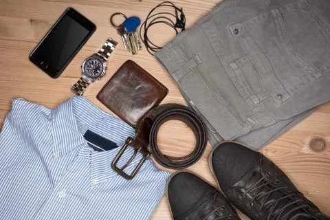 Overhead close up of essentials modern man. Outfit of business man. Stock Photos