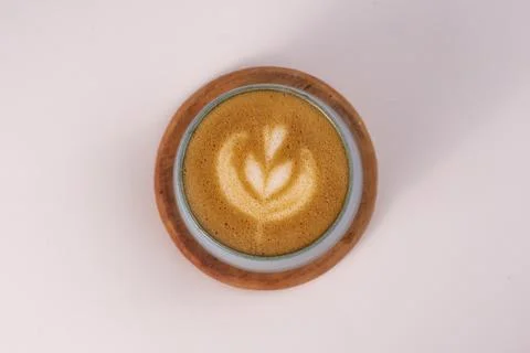Overhead close up shot of latte with rosetta leaf latte art design, detaile.. Stock Photos