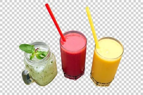 Overhead close up shot of three different kind of smoothie. Stock Photos