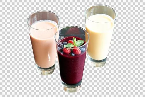 Overhead close up shot of three different kind of smoothie. Stock Photos