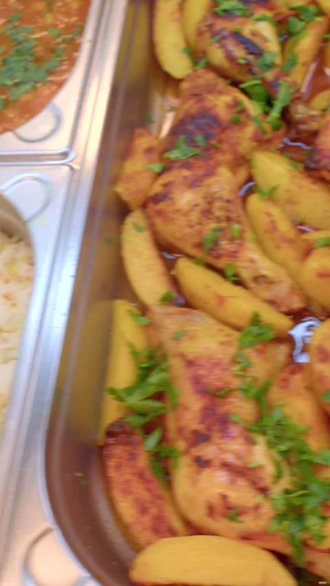 Overhead close-up of steamed white rice and tomato stew in stainless steel Видео 336534168
