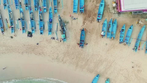 Overhead coastal view captures long rows of blue fishing boats spread acros.. Vídeo Stock 341545603