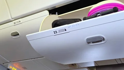 Overhead compartment, luggage rack overhead, airplane hand luggage shelf. Stock Footage 307038434