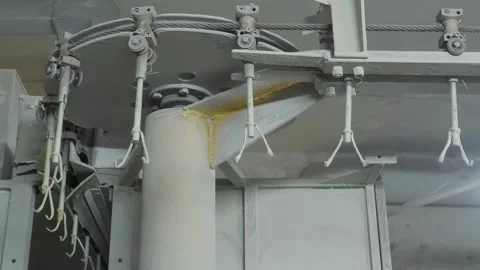 Overhead conveyor hooks moving through powder coating spray booth Stock Footage 340637726