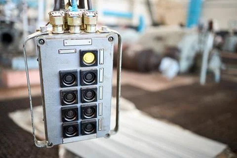 Overhead crane hand remote control panel in industrial petrochemical worksh.. Stock Photos