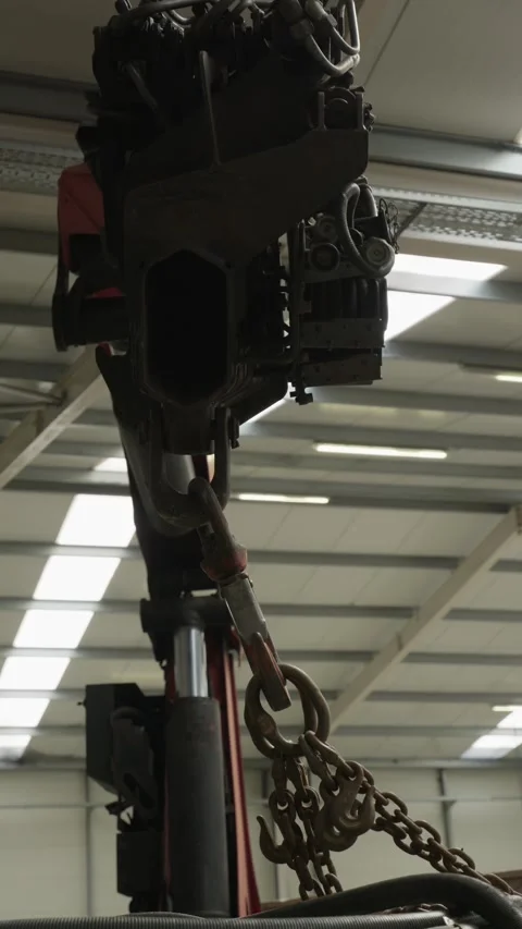 Overhead Crane Hook And Lifting Chains Suspended From Hoist In Industrial Stock Footage 337913384