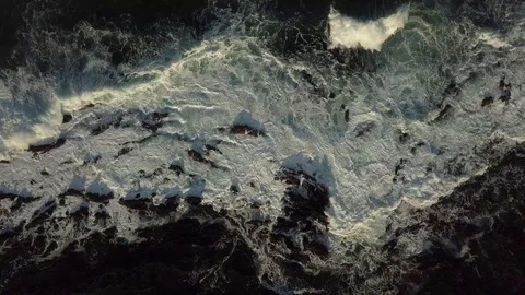 Overhead Crane Shot Of Waves Splashing On Rock Cliffs, Flores Island Azores Stock Footage 91047951