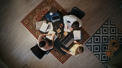 Overhead of Creative Business Team Discussing Project at Office Workspace Stock Footage 342057243