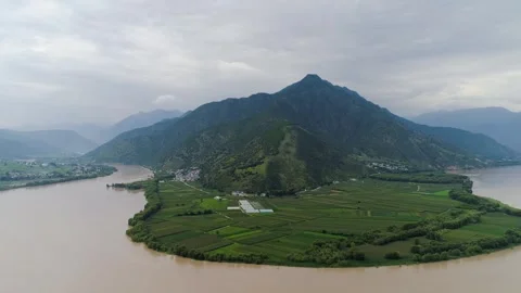Overhead Distant View of First Bend of Yangtze River Lijiang China Video stock 336882507