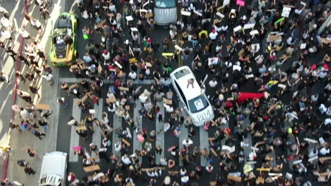 Overhead Drone Aerial of Black Lives Matter Protest on Hollywood Blvd - June 7 Stock Footage