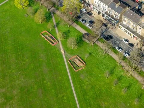 Overhead drone aerial view of multiple excavation sites on The Stray in Har.. Stock Photos