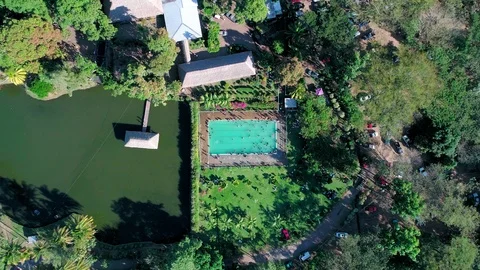 Overhead drone flying over a public pool in Central America 02 Stock Footage 101319141