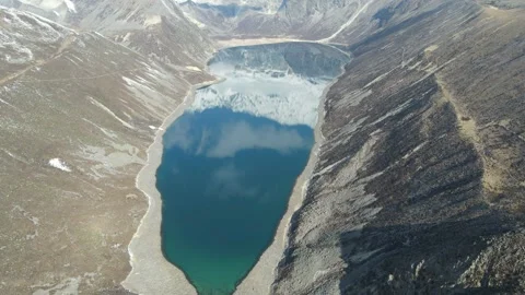 Overhead Drone Forward Shot Above Alpine Lake at Kulagangri, Tibet, China Stock Footage 326203368