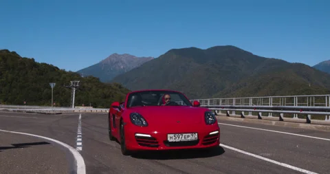 Overhead Drone Red Convertible Scenic Drive Outdoors Stock Footage 160150548