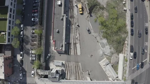 Overhead drone shot of Atlantic train station, Brooklyn, sunny day, tracking  Stock-Footage 248636363