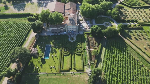Overhead Drone Shot of Castle Panning Up to Wide French Countryside View Stock Footage 340826062