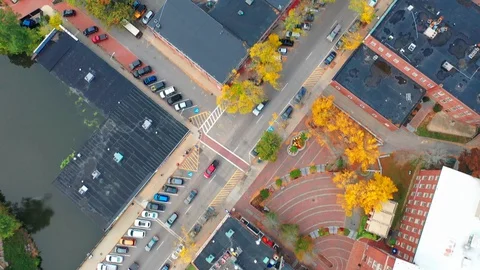 Overhead Drone Shot Of Downtown Dover New Hampshire Video stock 128193281
