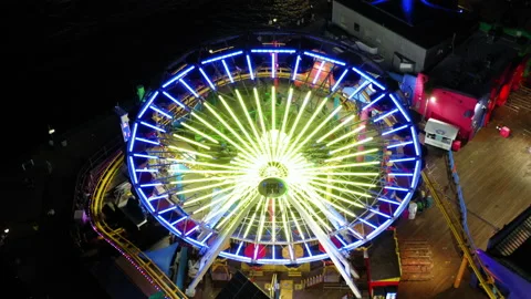 Overhead Drone Shot Of Ferris Wheel At Santa Monica Pier At Night 4K 24FPS Stock Footage 195557553