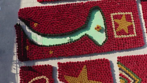 Overhead drone shot of incense display courtyard in Quảng Phú Cầu with heart Stock Footage 311450122