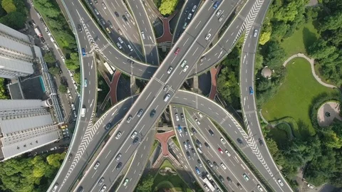 Overhead drone shot of massive freeway intersection Shanghai, China Stock Footage