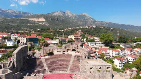 Overhead drone shot of old town of Herceg Novi in Montenegro Stock Footage 147457412