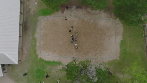 Overhead drone shot of players shaking hands after sand volleyball match Stock Footage 237275334