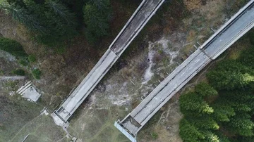 Overhead drone shot of ski jump site at 1984 Sarajevo Olympic Games venue Stock-Footage 85947857