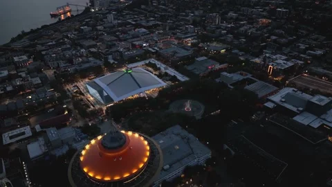 Overhead drone shot of the Space Needle at night. Stock Footage 228908400