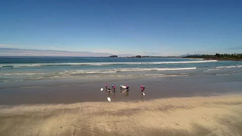 Overhead Drone Shot of Surf Class Preparing to Enter Ocean Video stock 144716334